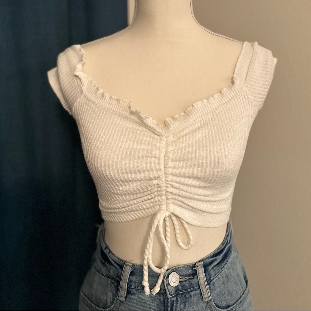 White Crop Top w/ Ruching and Drawstring Size Small - Picture 6 of 6